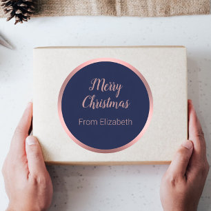 Merry Christmas Script Name Dark Blue & Rose Gold Classic Round Sticker