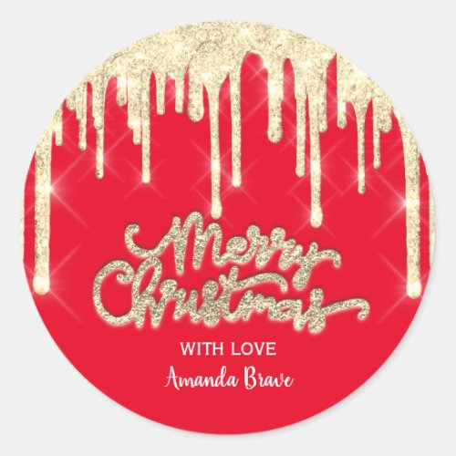 Merry Christmas Script Name Drips Red Gold Classic Round Sticker