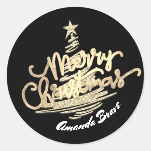 Merry Christmas Script Name Gold Black White Class Classic Round Sticker