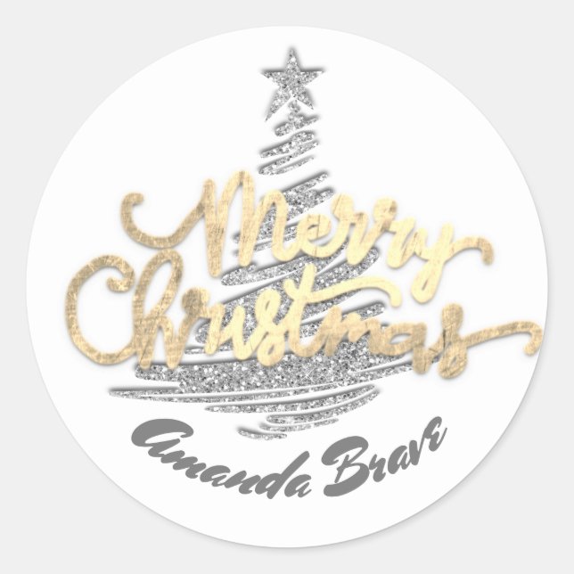 Merry Christmas Script Name Gold Gray White  Classic Round Sticker (Front)