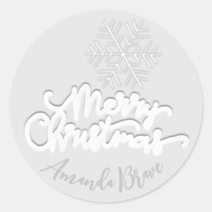 Merry Christmas Script Name Gray Snowflakes White Classic Round Sticker