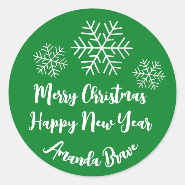 Merry Christmas  Script Name Snowflake Gray Green Classic Round Sticker (Front)