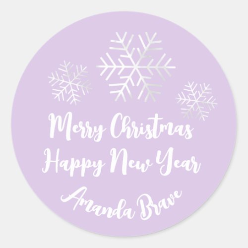 Merry Christmas  Script Name Snowflake Gray Purple Classic Round Sticker