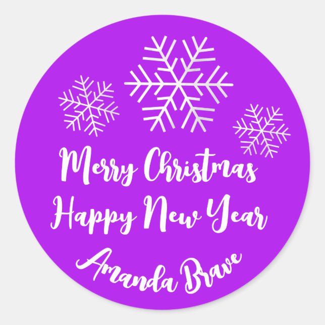 Merry Christmas  Script Name Snowflake Gray Purple Classic Round Sticker (Front)