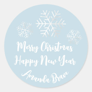 Merry Christmas  Script Name Snowflakes Gray Blue Classic Round Sticker