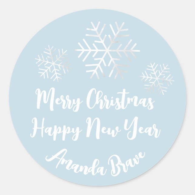Merry Christmas  Script Name Snowflakes Gray Blue Classic Round Sticker (Front)