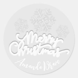 Merry Christmas  Script Name Snowflakes White Grey Classic Round Sticker