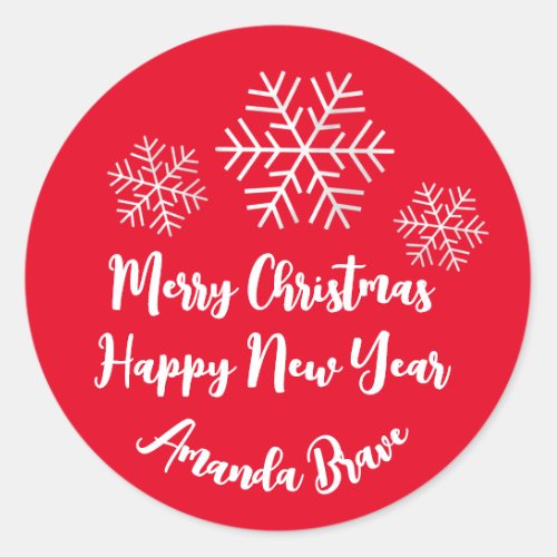 Merry Christmas  Script Name Snowflakes White Red Classic Round Sticker