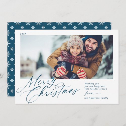 Merry Christmas Script Navy Blue and White 1 Photo Holiday Card