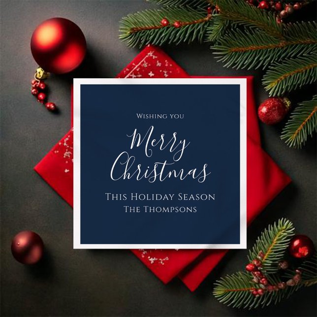 Merry Christmas Script Navy Blue Custom Napkins (Navy blue Merry Christmas cocktail napkin)