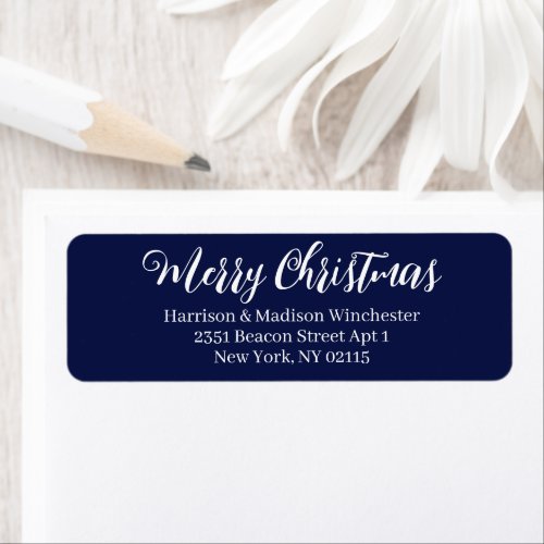 Merry Christmas script navy blue Return Address Label