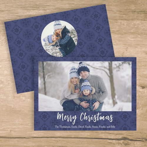 Merry Christmas Script Navy Blue Snowflake 2 Photo Holiday Card