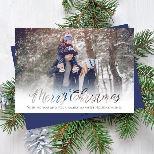 Merry Christmas Script Navy Blue Snowflake 4 Photo Holiday Card