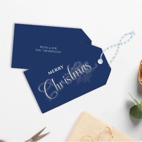 Merry Christmas Script Navy Blue Snowflake Gift Tags