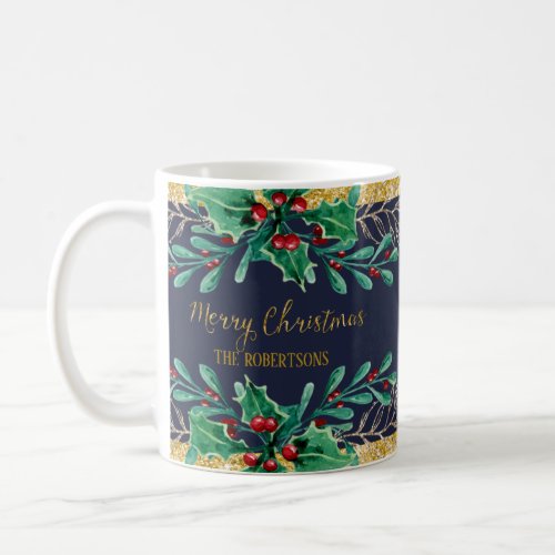 Merry Christmas Script Navy Gold Red Watercolor Coffee Mug