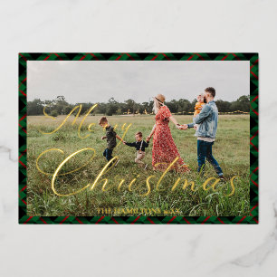 Merry Christmas Script Navy Plaid Photo Holiday Foil Invitation
