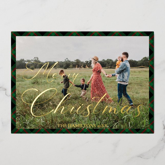 Merry Christmas Script Navy Plaid Photo Holiday Foil Invitation (Front)