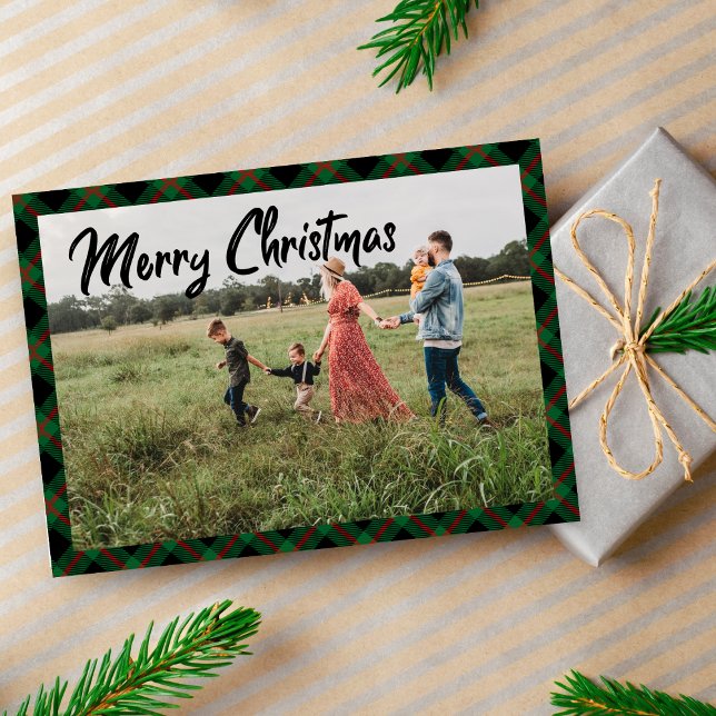 Merry Christmas Script Navy Plaid Photo Holiday Note Card (Creator Uploaded)