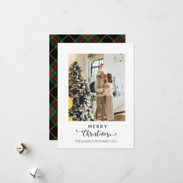 Merry Christmas Script Navy Plaid Tartan Photo  Holiday Card (Front/Back In Situ)