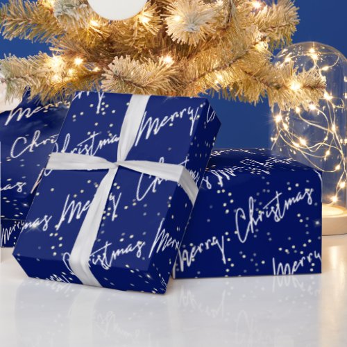 Merry Christmas Script Navy White Gold Confetti  Wrapping Paper