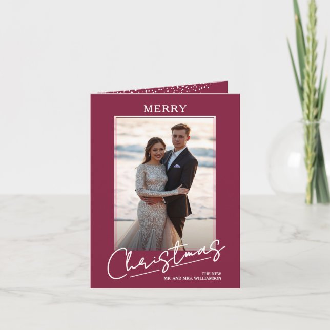 Merry Christmas Script on Cranberry Folded Photo Holiday Card (Front)