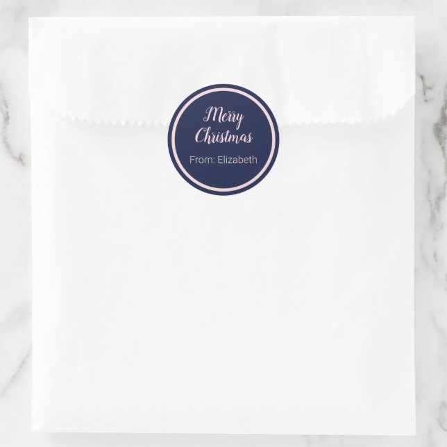 Merry Christmas Script Pale Pink & Dark Blue Name Classic Round Sticker (Bag)