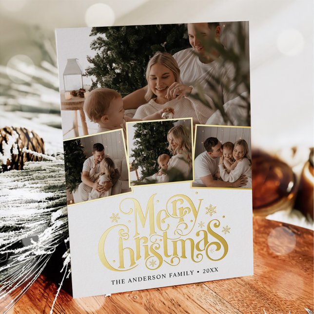 Merry Christmas Script Photo Collage Foil Holiday Card (Creator Uploaded)
