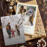 Merry Christmas script photo collage holiday card<br><div class="desc">Elegant faux gold script overlay 5 custom photo collage family name and text personalized Christmas greetings holiday card.</div>