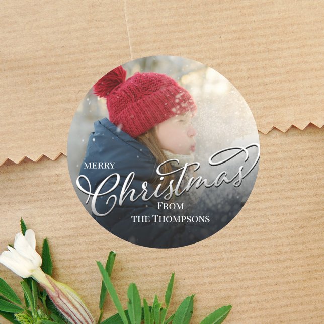 Merry Christmas Script Photo Custom Classic Round Sticker (Simple calligraphy script photo label with a simple full bleed photo template. )