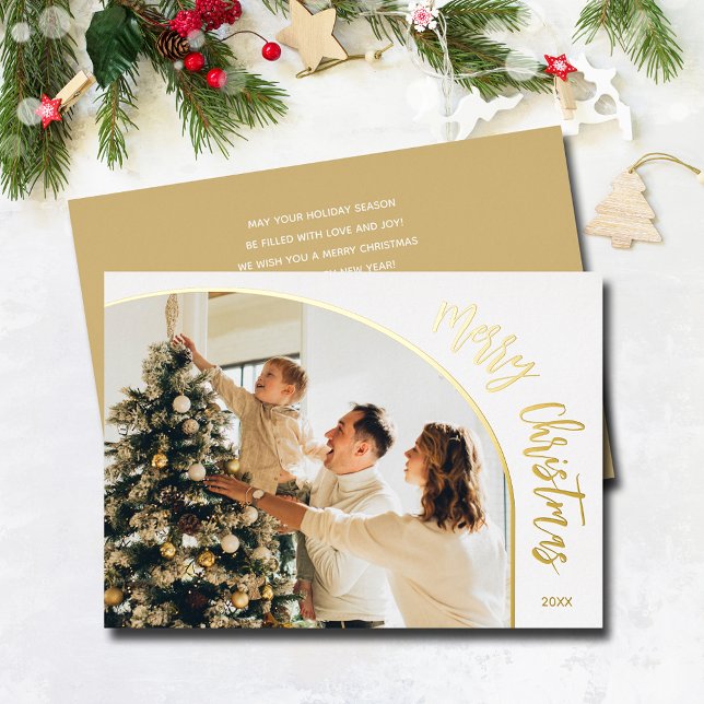 Merry Christmas Script Photo Foil Holiday Card (Merry Christmas script REAL gold foil holiday photo cards)