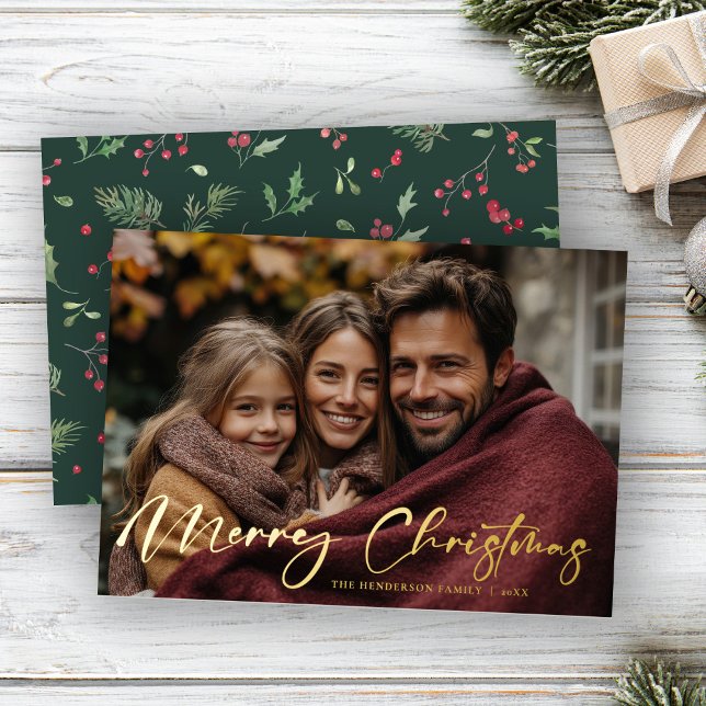 Merry Christmas Script Photo Foil Holiday Card (Creator Uploaded)