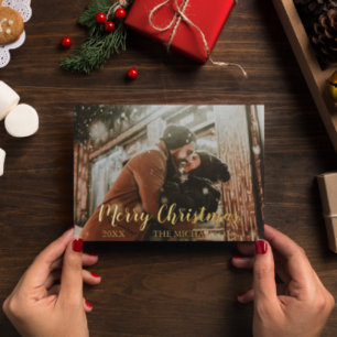 Merry Christmas Script Photo Foil Holiday Card