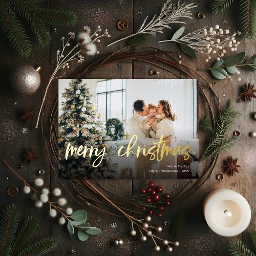 Merry Christmas Script Photo Foil Holiday Card