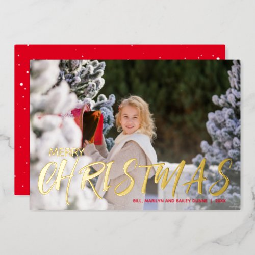 Merry Christmas Script Photo Gold Foil Holiday Card