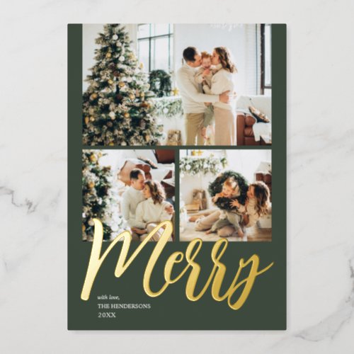 Merry Christmas Script Photo Green Foil Holiday Card