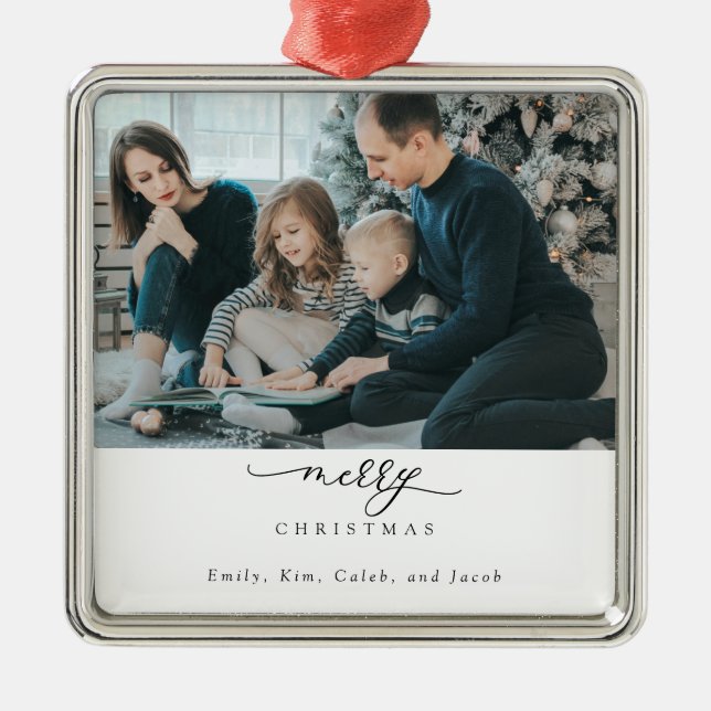 Merry Christmas Script Photo Modern Chic Minimal Metal Ornament (Front)