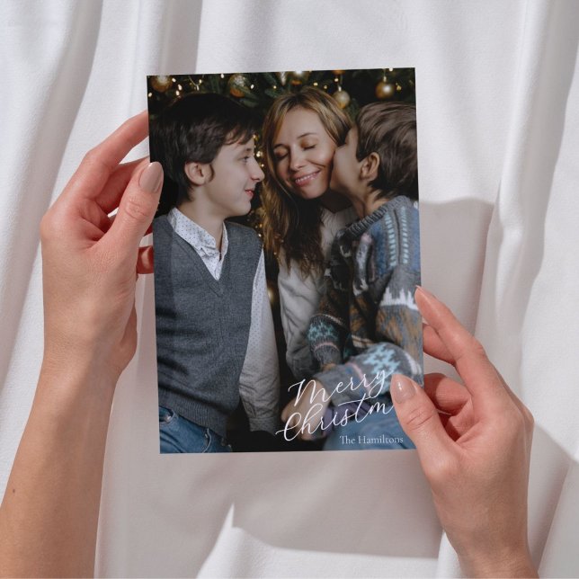 Merry Christmas Script Photo Navy Holiday Card (Creator Uploaded)