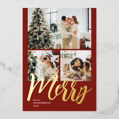 Merry Christmas Script Photo Red Foil Holiday Card
