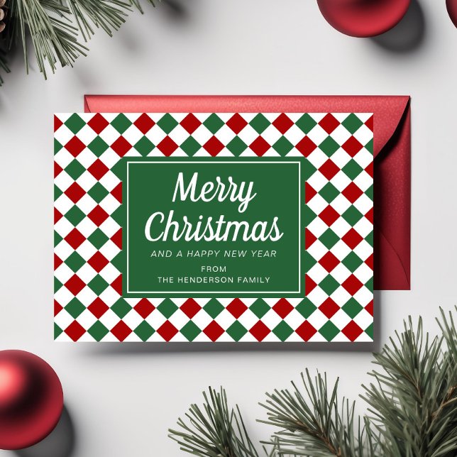 Merry Christmas Script Photo Red Green Checks  Holiday Card (Merry Christmas Script Photo Red Green Checks Holiday Card)