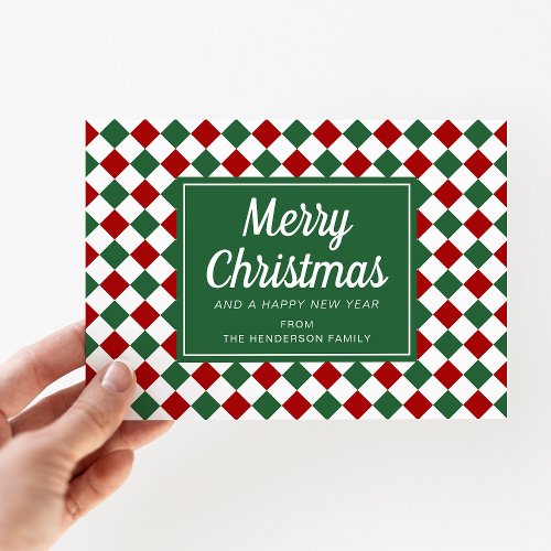 Merry Christmas Script Photo Red Green Checks  Holiday Card