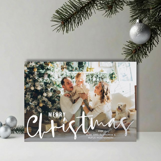 Merry Christmas Script Photo Silver Foil Holiday Card (REAL SILVER FOIL Merry Christmas script photo holiday greeting cards
)