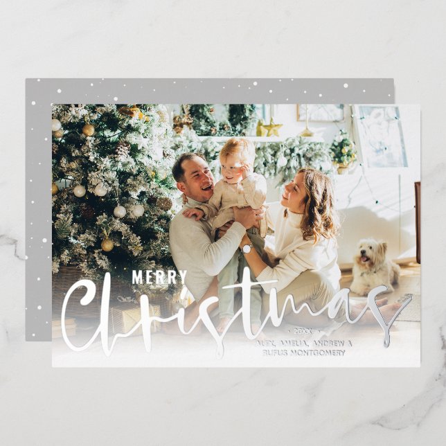 Merry Christmas Script Photo Silver Foil Holiday Card (Front/Back)