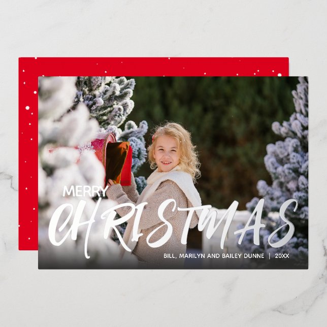 Merry Christmas Script Photo Silver Foil Holiday Card (Front/Back)