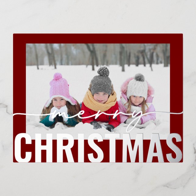 Merry Christmas Script Photo Simple Modern Foil Holiday Postcard (Front)