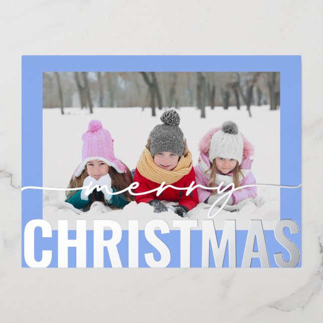 Merry Christmas Script Photo Simple Modern Foil Holiday Postcard (Front)