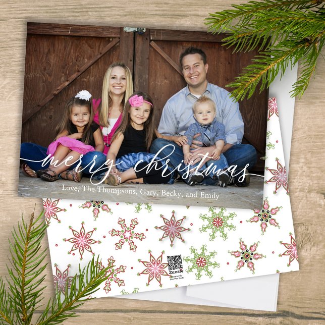Merry Christmas Script Photo Snowflake Holiday Card (Merry Christmas calligraphy script whimsical cute colorful snowflake pattern photo card.)