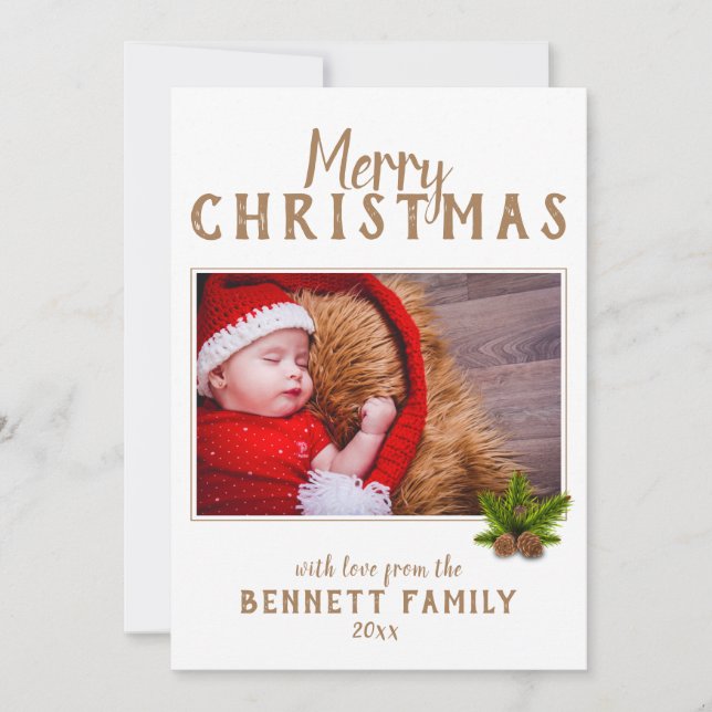 Merry Christmas Script Pine Holiday Photo Card (Front)