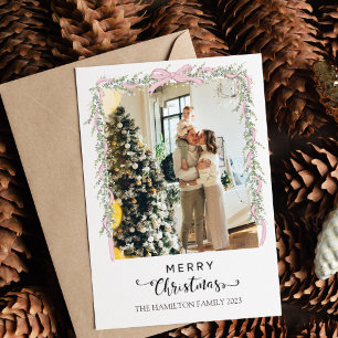 Merry Christmas Script Pink Bow Photo  Holiday Card