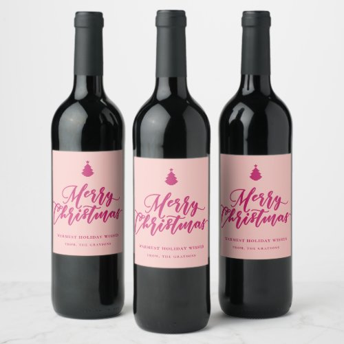 Merry Christmas Script Pink Holiday Wine Wine Label