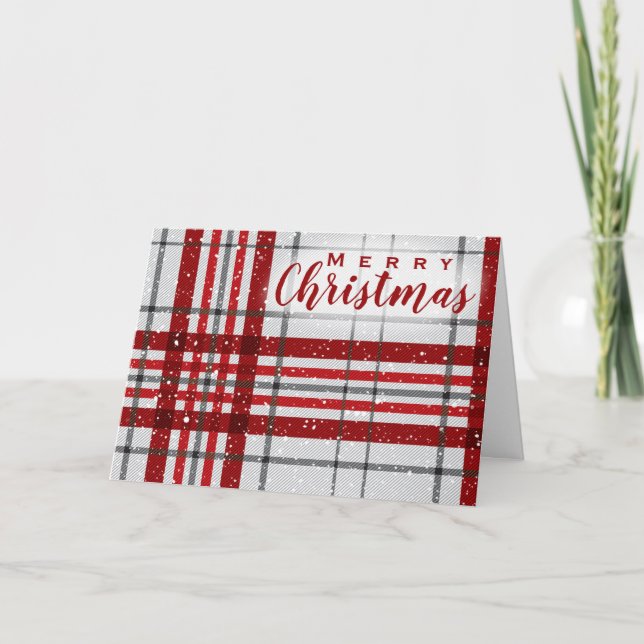 Merry Christmas Script Plaid Red Gray Pattern Holiday Card (Front)